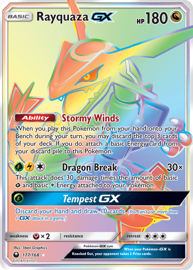 Rayquaza-GX #177 from Celestial Storm — recent eBay sold price: $282.97
